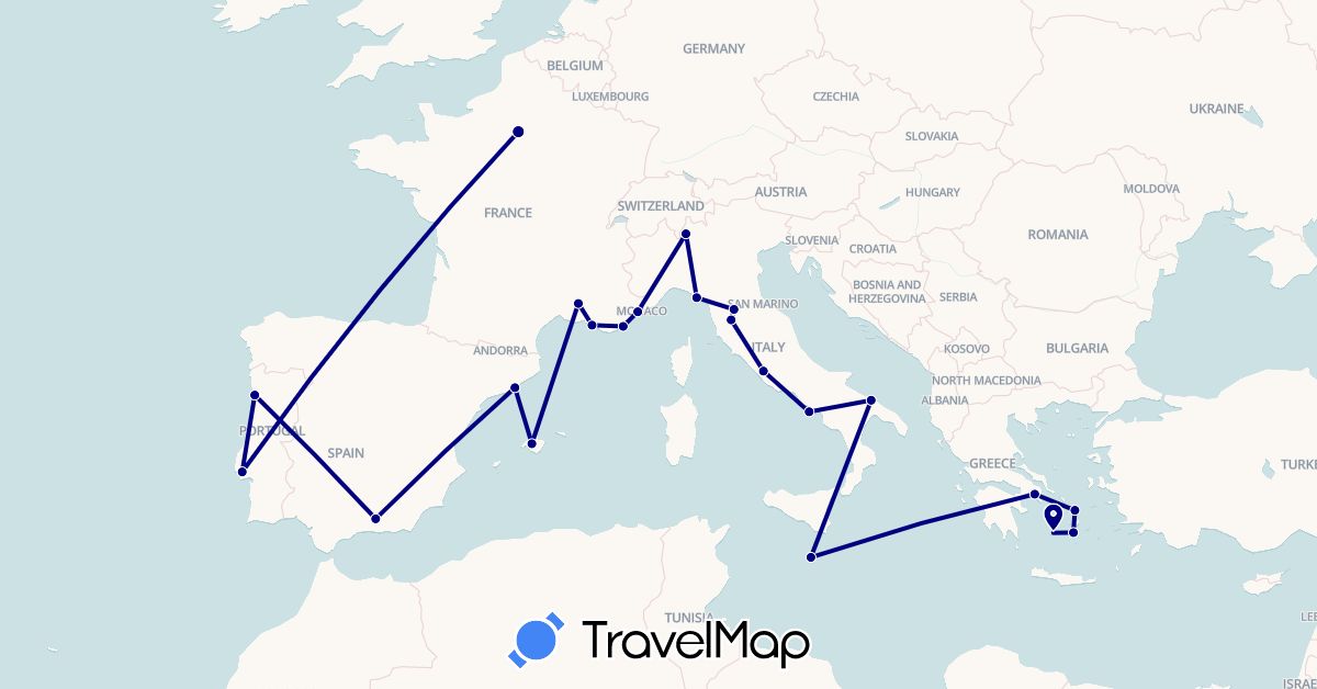 TravelMap itinerary: driving in Spain, France, Greece, Italy, Malta, Portugal (Europe)